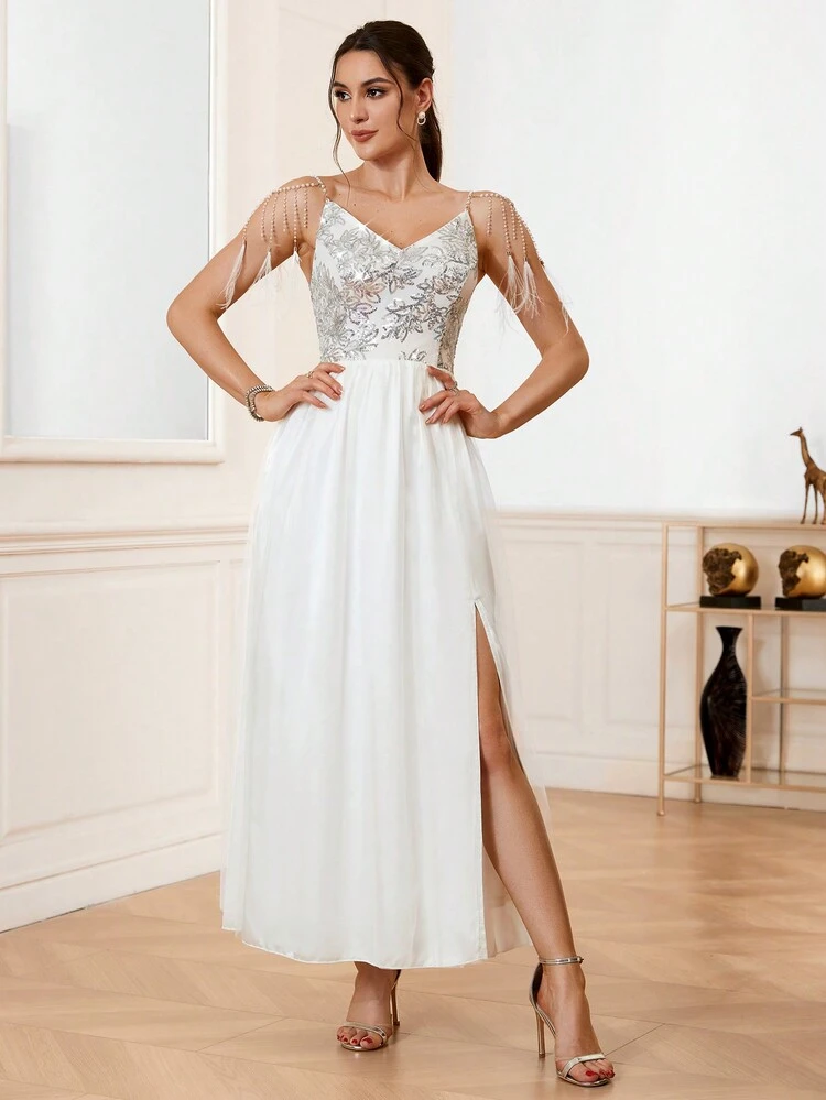 Glittery Flower Patterned Split Front Wedding Dress With Tassel Trim Border