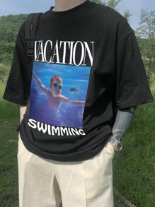 DAZY Men's Summer T-Shirt With Character & Letter Print,Fall Clothes - Black - View 7