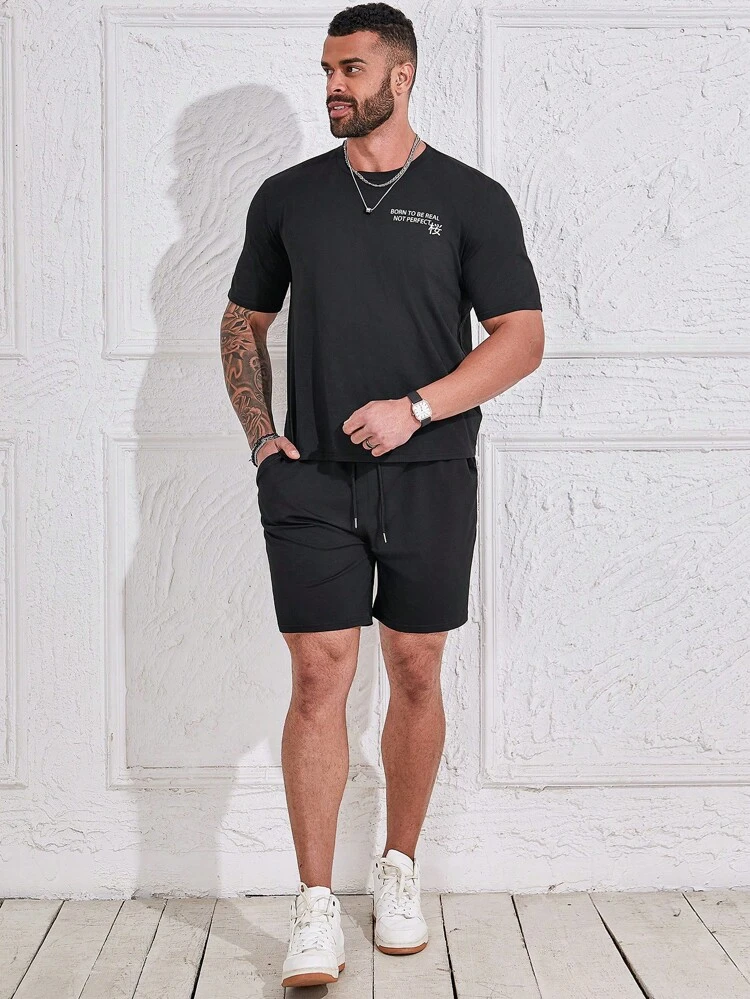 Men's Plus Size Cherry Blossom & Letter Print Short Sleeve T-Shirt And Shorts