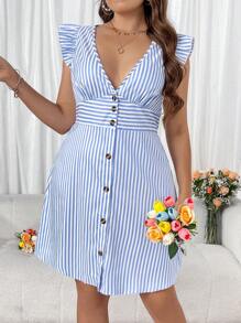 Flirla Damen Große Größen V-Ausschnitt gestreiftes Rüschen Saum Kurzarm Knopfleiste elegantes Arbeitskleid für den Sommer