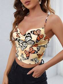 SHEIN Privé 女款蝴蝶印花v領背心上衣 - 彩色 - 查看 3