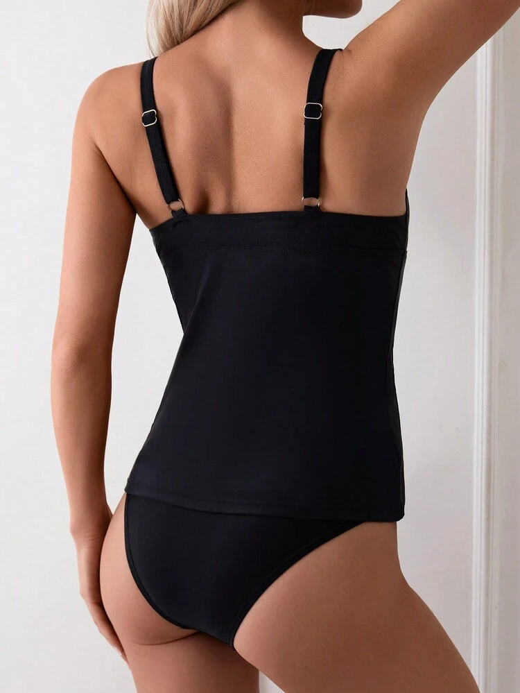 Summer Color Block Pleated Square Neck Tankini Set