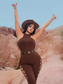 SHEIN SXY Salopetă pentru femei de mărime mare, de culoare uni, cu decolteu deschis, cu decupaj lateral, cu spatele încrucișat - Maro - Vizualizare 3