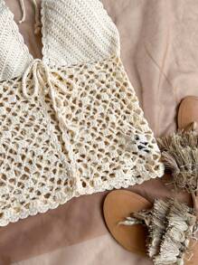 Soleia Women's Hollow Out Halter Knitted Top For Vacation - Beige - View 3