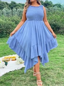 Flirla Plus Size Asymmetrical Ruffle Hem Vacation Beach  Dress - Blue - View 2