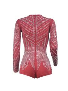 1pc Women's Deep V-Neck Long Sleeve Rhinestone Embellished Sexy Romper For Party - Burgundy - View 3