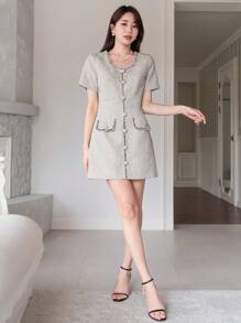 DAZY Round Neck Color Block Short Sleeve Dress Sundress - Beige - View 5