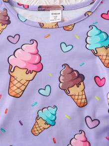 SHEIN Young Girl Ice Cream Print Tee & Shorts Set - Purple - View 5