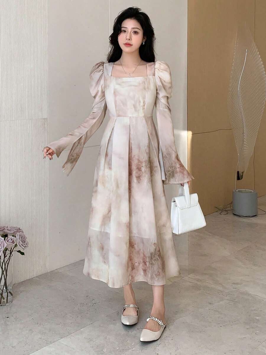 DAZY 墨迹晕染图案收腰羊腿袖中长连衣裙、荷叶边、秋季连衣裙长袖连衣裙 - 淺粉色 - 查看 1