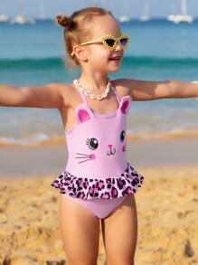 SHEIN Young Girl Cartoon Printed Leopard Pattern Ruffle Trimmed One-Piece Swimsuit