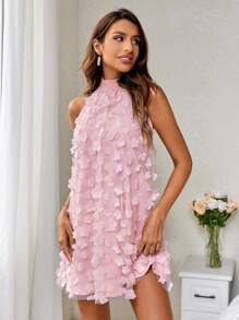 SHEIN Privé 花卉 3d 布料網狀掛脖連身裙 - 粉色 - 查看 6