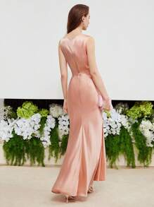 MOTF PREMIUM Lụa Surplice cổ Xù Tách đùi Đầm - Màu Cam san hô - Xem 8