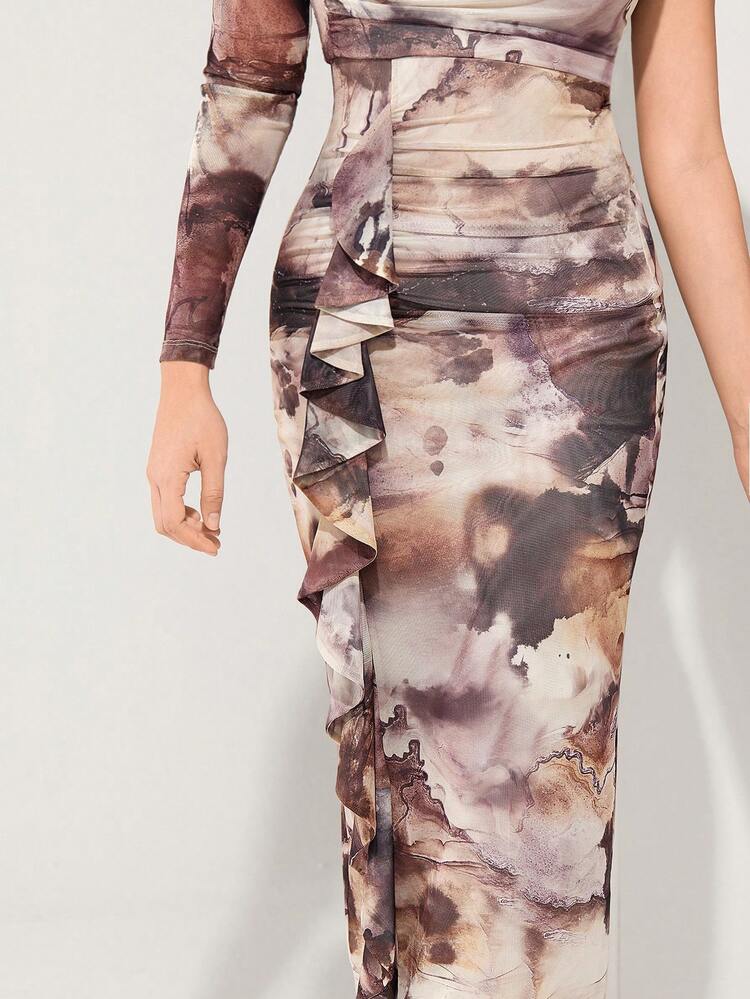 Women's Tie-Dye Asymmetric Neckline Long Sleeve Ruffle Hem Dress Long Evening Dresses