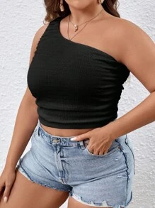 SHEIN VCAY Plus Size Women's Solid Color Pleated One Shoulder Sleeveless Top - Black - View 4