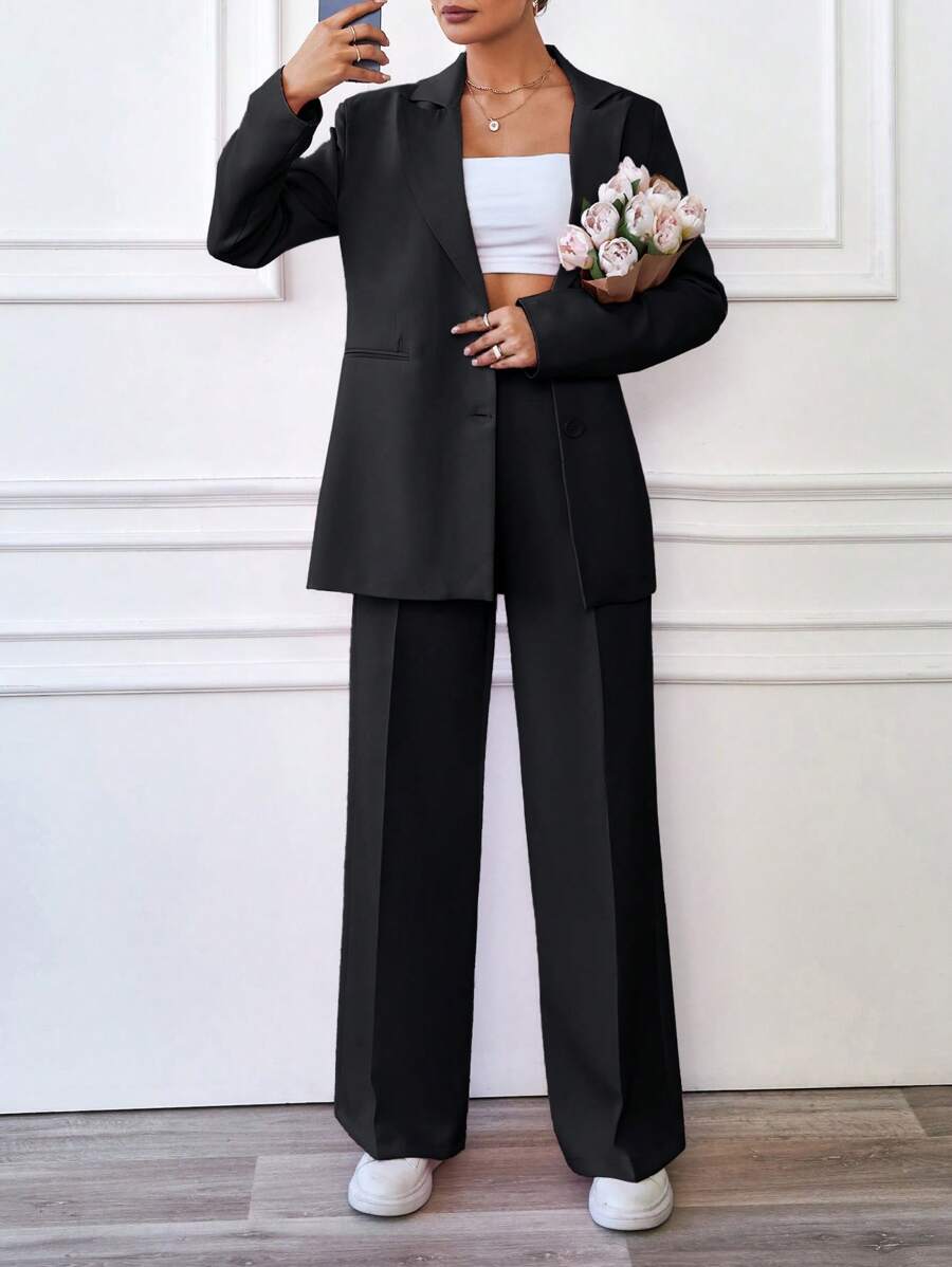 EURMUSE Solid Peak Collar Singe Breasted Placket Suit Sets - Black - View 1