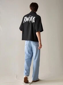 Manfinity RebelGame Áo sơ mi nam tay ngắn cài nút có thiết kế in chữ, áo sơ mi đen cổ rộng thùng thình, như một món quà ngộ nghĩnh - màu đen - Xem 6