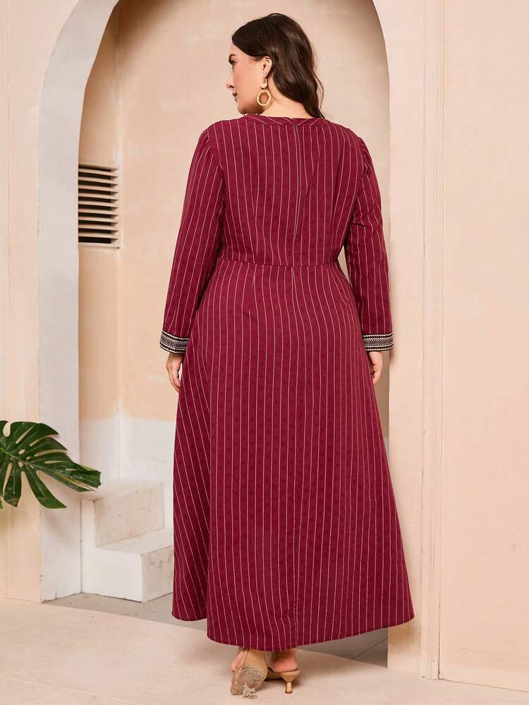 Burgundy Red Plus Size Striped Spliced Belted Button Detail Dress