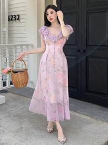 DAZY Women's Full Bloom Printed V-Neck Ruffled Chiffon Dress Sundress - Pink - View 2