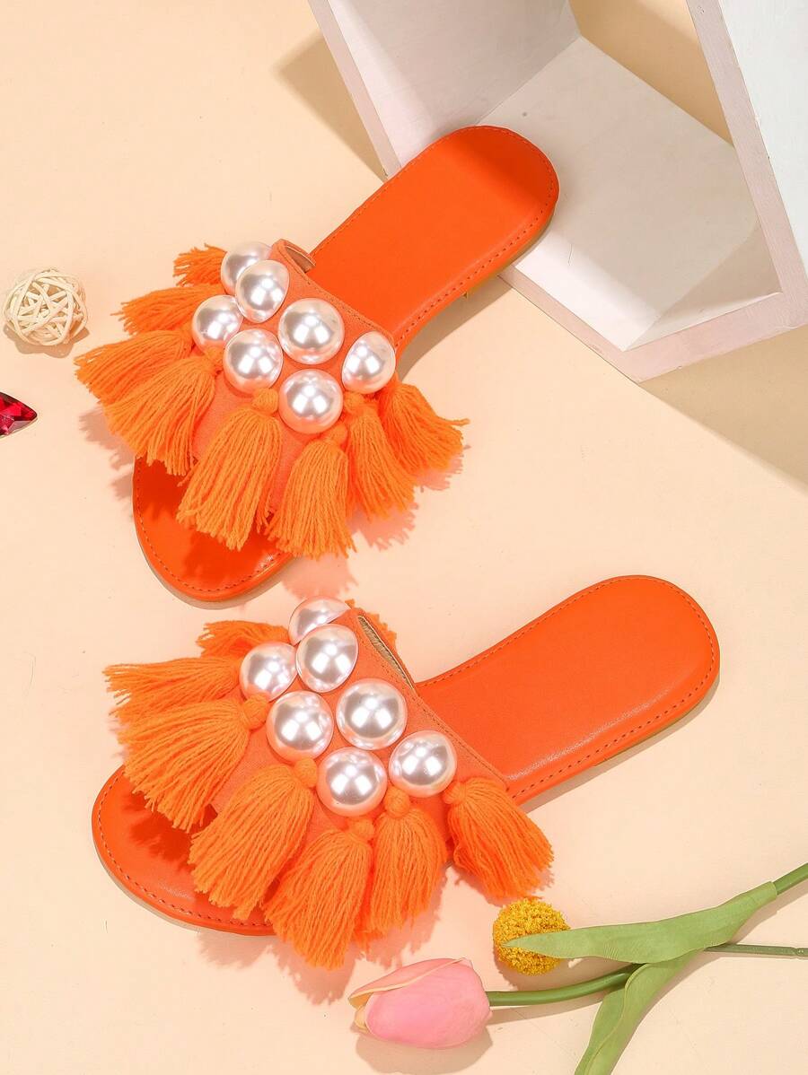 Dép xăng đan đế bằng đính ngọc trai và trang trí thời trang với đế trong suốt, thích hợp cho trang phục đi biển, trang phục mùa hè. - Màu Cam cháy - Xem 1