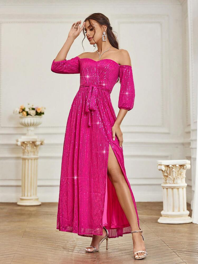 Women's Off Shoulder Belted Slit Sequin Formal Dress Formal Ball Gown For Women