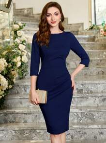 MIUSOL Ruched Zipper Back Slit Hem Bodycon Business Dress - Navy Blue - View 2