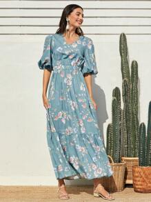 Mulvari Vestido Midi Con Estampado Floral Y Dobladillo Con Volantes Para Mujer - Celeste - Ver 5