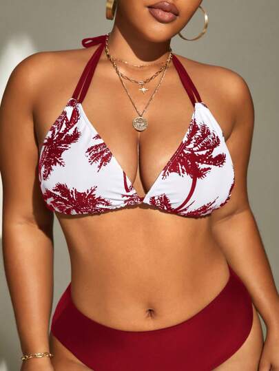 Swim Lushoire 2025 大码女式棕榈树印花性感吊带比基尼上衣夏季