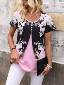 EMERY ROSE 2 In 1 Shirt For Women, With Half-Curved Front With Button And Inner Contrasting Layer With Positioned Flower Pattern - Pink - View 1