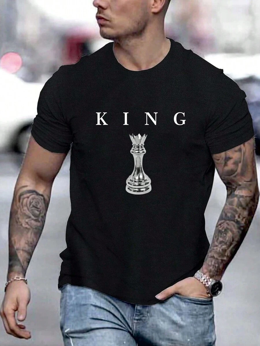 Men's Casual Chess Letter Print Short Sleeve T-Shirt - Black - View 1