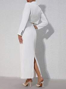Chiquease Striped Short Lapel Suit Jacket And Strapless Top And Split Hem Skirt Set - Black and White - View 2