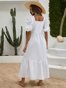 EURMUSE Square Neck, Baloon Sleeve, Layered Maxi Dress - White - View 2