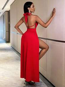 SHEIN Slayr Của phụ nữ Màu thuần Halter Neck Không lưng Cái nĩa cao Đầm - Đỏ - Xem 2