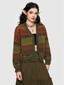 ROMWE Fairycore Geo Pattern Button Front Cardigan - Multicolor - View 1