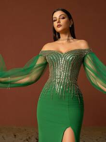 优雅绿色网眼亮片露肩礼服女士舞会晚会婚礼宾客礼服，适合毕业典礼、晚宴 - 綠色 - 查看 6
