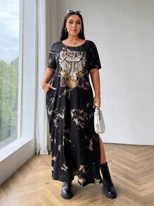 Flirla Đầm Maxi thường ngày in chữ và cánh nhuộm loang cỡ lớn cho nữ - Nhiều màu - Xem 3