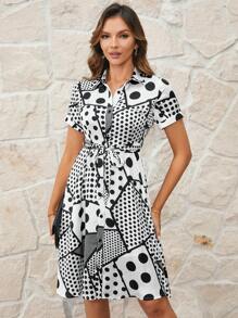 SHEIN Clasi Women's Polka Dot Short Sleeve Shirt Dress - Multicolor - View 3