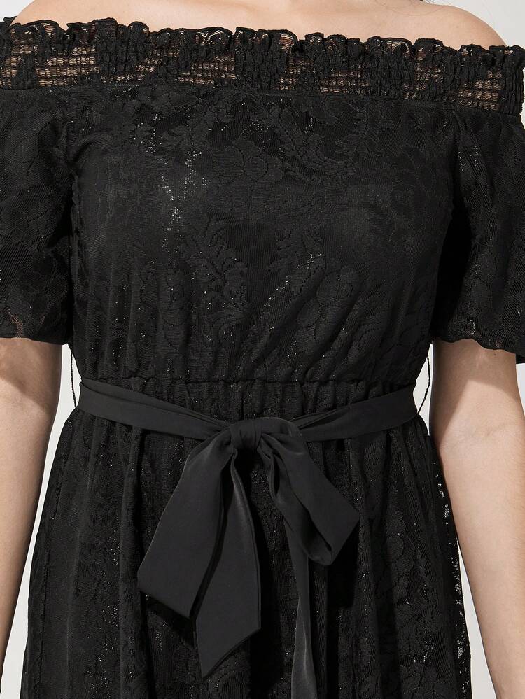 Ladies' Solid Color Lace Off Shoulder Dress Long Evening Dresses