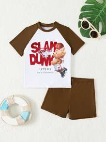 Young Boy Short Sleeve Bear & Letter Print Rash Guard Swimsuit - Multicolor - View 1