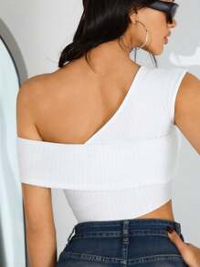 SHEIN ICON Chất rắn Vai không đối xứng Ren Mộc nhĩ Gân đan Áo thun - trắng - Xem 4