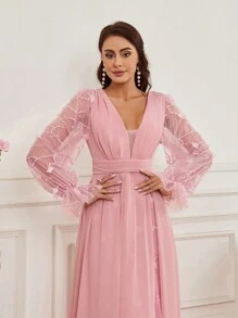 SHEIN Belle 拼接透視網紗高腰開叉新娘晚禮服派對裝 - 藕粉色 - 查看 5