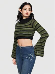 ROMWE Fairycore Striped Pattern Turtleneck Bell Sleeve Sweater - Army Green - View 3
