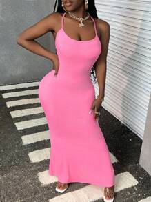 Slaydiva Vestido largo ajustado con espalda descubierta, cruce de tirantes y silueta de cola de pez - Rosa - Ver 1