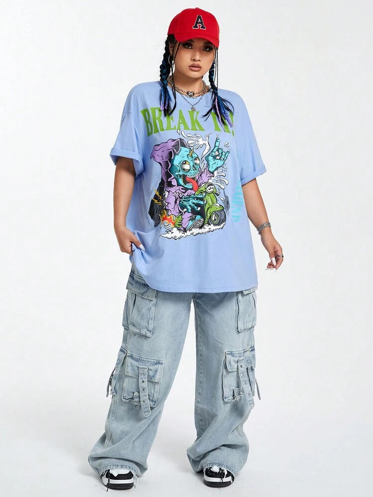 Women'S Plus Size Cartoon And Letter Print Short Sleeve T-Shirt