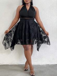 Maweii Plus Size Solid Color Splice Lace V-Neck Halter Neck Dress - Black - View 6
