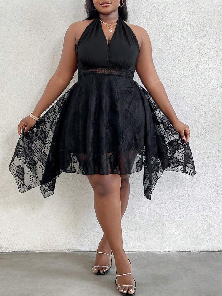 Plus Size Solid Color Splice Lace V-Neck Halter Neck Dress