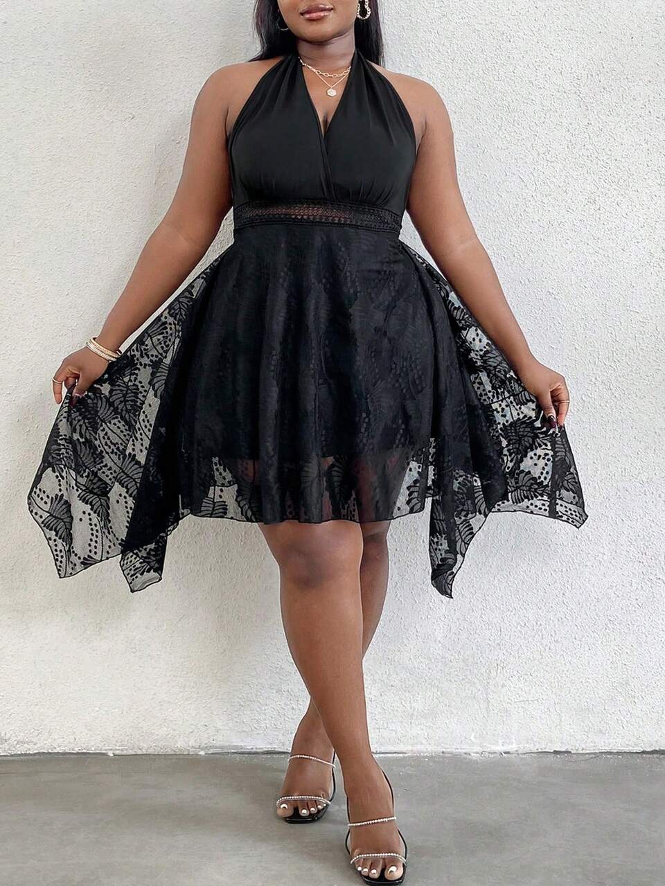 Plus Size Solid Color Splice Lace V-Neck Halter Neck Dress