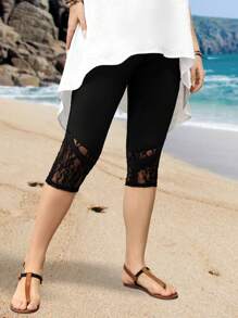 EMERY ROSE 大尺碼純色蕾絲拼接打底褲 - 黑色 - 查看 5