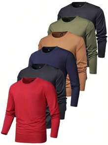 6pcs Men's Basic Long Sleeve T-Shirts, Regular Fit, Solid Color, Fashion Casual Sportswear Thin Tops, Spring & Autumn Tee, Fall Clothes