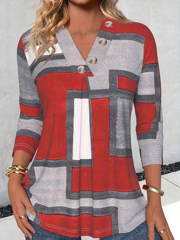 Women's Autumn Long Sleeve Casual Contrast Color Splicing Button Design T-Shirt