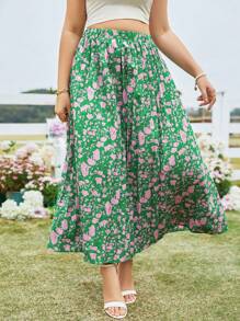 SHEIN Clasi 加大碼女士花卉印花百褶裙 - 綠色 - 查看 5